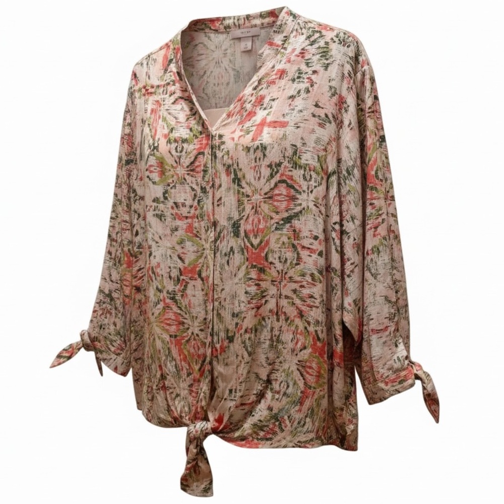 NWT Allison Daley Abstract Ikat Peach and Green Button Up Tie Front Blouse 3X